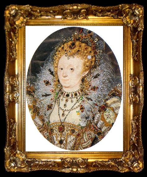 framed  Nicholas Hilliard Portrait miniature of Elizabeth I of England with a crescent moon jewel in her hair, ta009-2