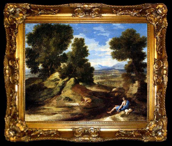 framed  Nicolas Poussin Landscape with a Man Drinking or Landscape with a Man scooping Water from a Stream, ta009-2