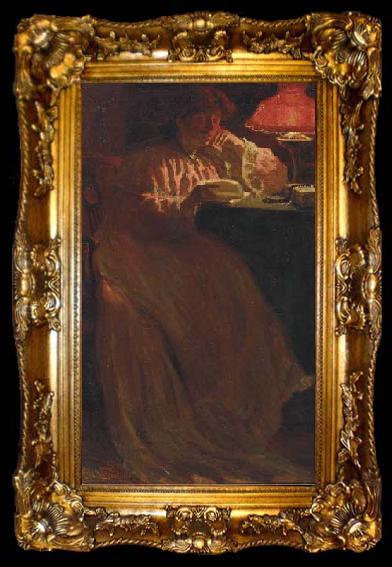 framed  Pier Leone Ghezzi Woman reading by lamp light, ta009-2