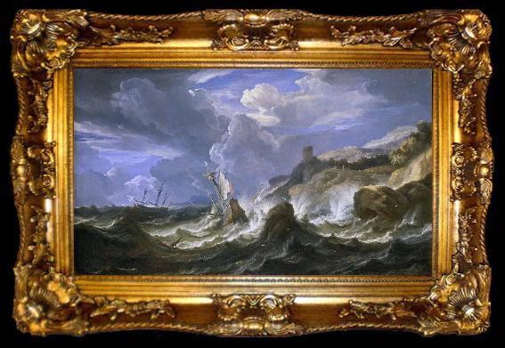 framed  Pieter Meulener A ship wrecked in a storm off a rocky coast, ta009-2