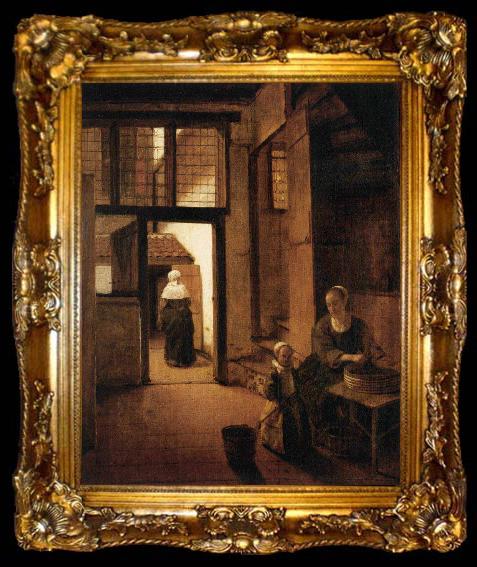 framed  Pieter de Hooch Woman Peeling Vegetables in the Back Room of a Dutch House, ta009-2