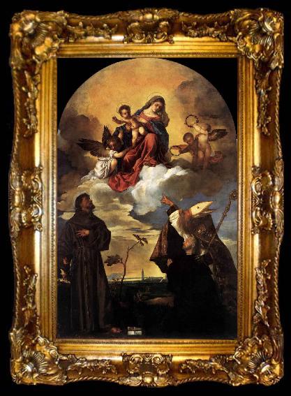 framed  Titian Madonna in Glory with the Christ Child and Sts Francis and Alvise with the Donor, ta009-2