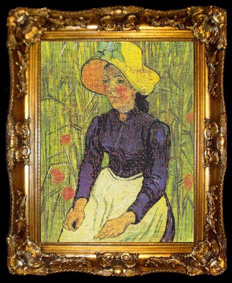 framed  Vincent Van Gogh Young Peasant Woman with straw hat sitting in front of a wheat field, ta009-2