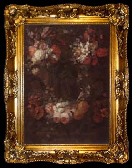 framed  Gaspar Peeter Verbrugghen the younger Still life of a garland of flowers surrounding a niche containing a statue of the immaculate conception, ta009-2