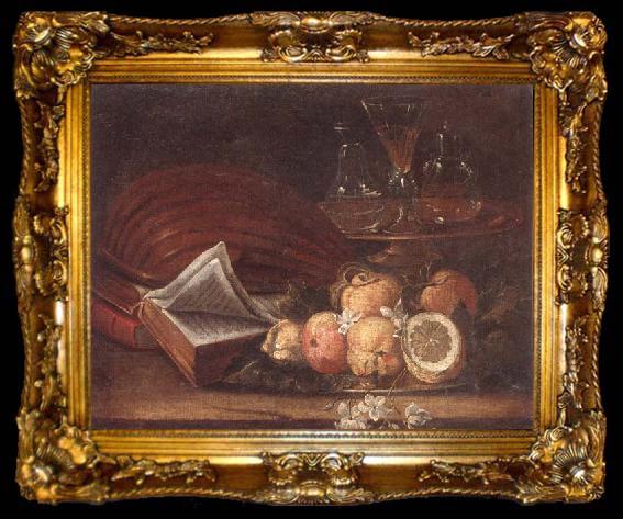framed  unknow artist Still life of a lute,books,apples and lemons,together with a gilt tazza with a wine glass and decanters,all upon a stone ledge, ta009-2