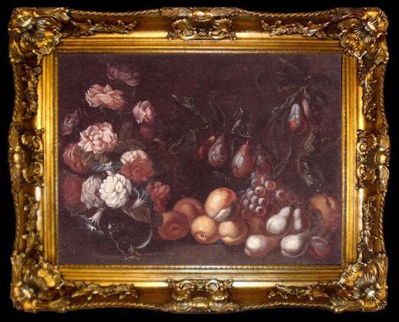 framed  unknow artist Still life of Roses and convulvuli in a Glass vase,Together with peaches,grapes,pears and plums, ta009-2