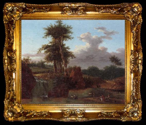 framed  unknow artist A Wooded landscape with an artist sketching at the base of a waterfall,anmals drinking in a pool nearby, ta009-2