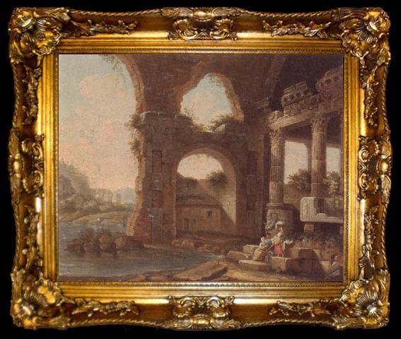 framed  unknow artist An architectural capriccio with washerwomen by a river, ta009-2