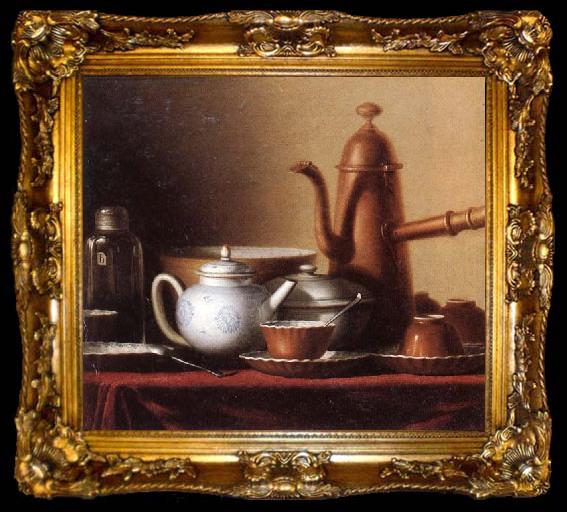 framed  unknow artist Still life of a chocolate pot,teapot,sucrier,bowl,teajar,tea cups and saucers,and silver spoons,all upon a draped table top, ta009-2