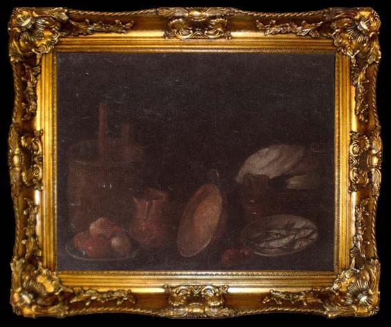 framed  unknow artist Still life of apples and herring in bowls,a beaten copper jar,a pan and other kitchen implements, ta009-2