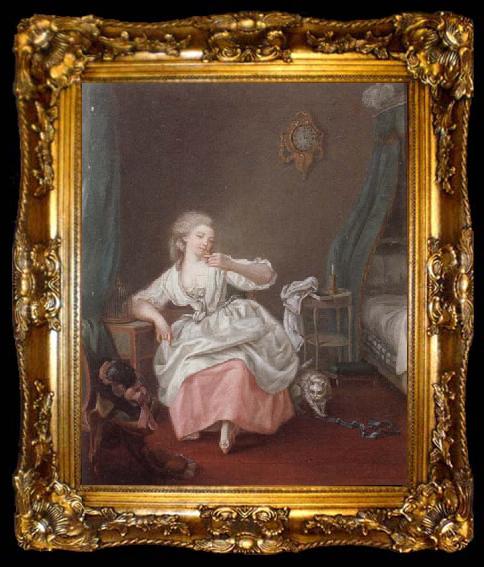 framed  unknow artist A bedroom interior with a young girl holding a song bird, ta009-2