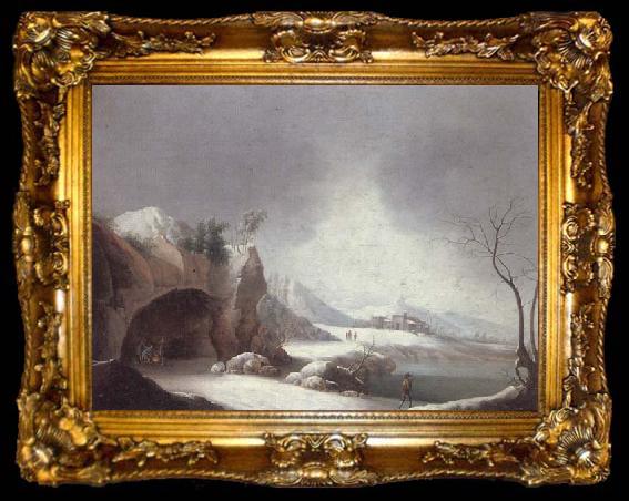 framed  unknow artist A winter landscpae with travellers gathered aroubnd a fire in a grotto,overlooding a lake,a monastery beyond, ta009-2