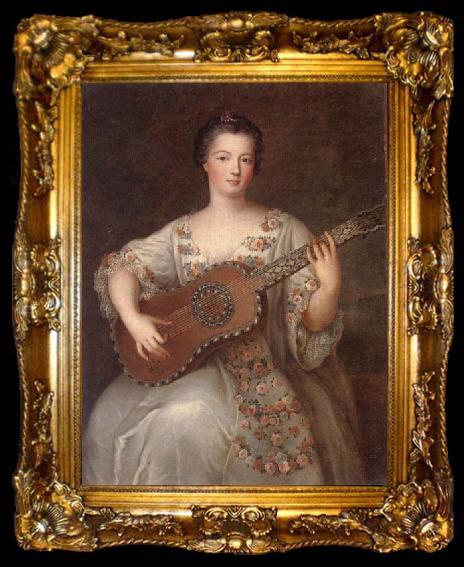 framed  unknow artist Portrait of a young lady,three-quarter length,wearing a floral and ivory lace-trimmed dress,playing the guitar, ta009-2