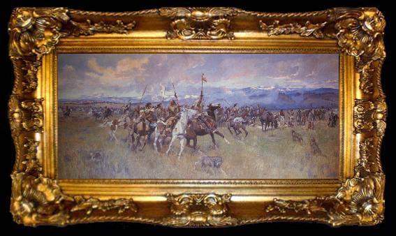 framed  Charles M Russell Lewis and Clark Meeting Indians at Ross