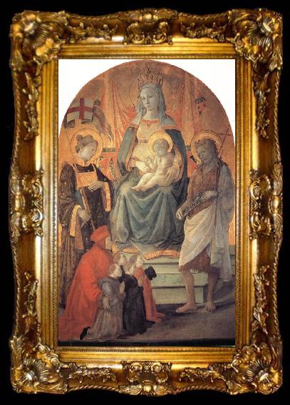 framed  Fra Filippo Lippi The Madonna and Child Enthroned with Stephen,St John the Baptist,Francesco di Marco Datini and Four Buonomini of the Hospital of the Ceppo of Prato, ta009-2