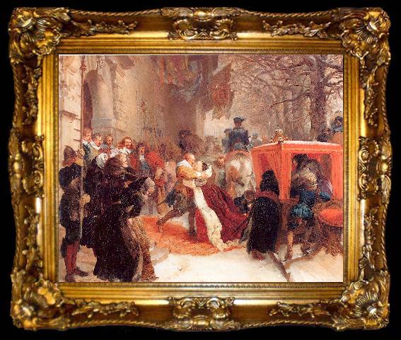 framed  Adolph von Menzel Gustav Adolph Greets his Wife outside Hanau Castle in January 1632, ta009-2
