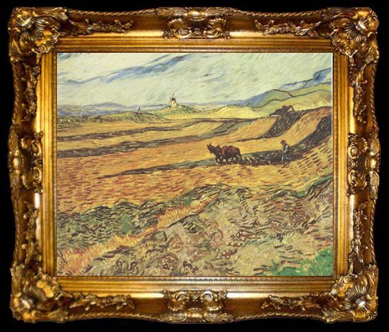 framed  Vincent Van Gogh Field with Ploughman and Mill (nn04), ta009-2