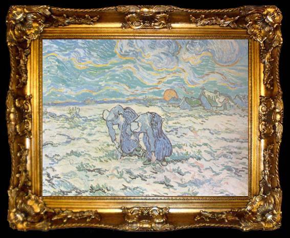 framed  Vincent Van Gogh Two Peasant Women Digging in Field with Snow (nn04), ta009-2