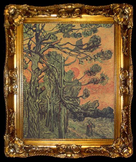 framed  Vincent Van Gogh Pine Trees against a Red Sky with Setting Sun (nn04), ta009-2