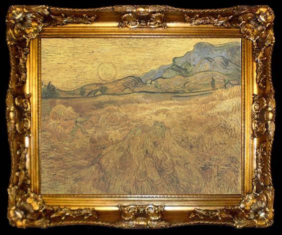 framed  Vincent Van Gogh Wheat Field wtih Reaper and Sun (nn04), ta009-2