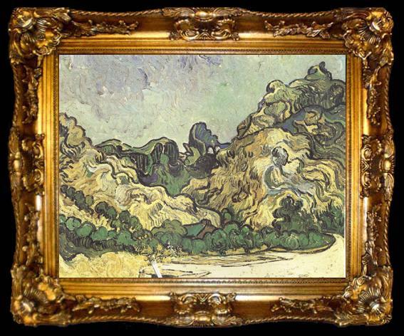 framed  Vincent Van Gogh Mountains at Saint-Remy with Dark Cottage (nn04), ta009-2