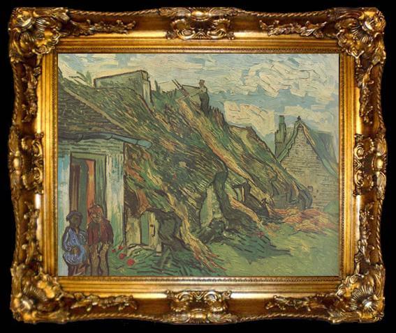 framed  Vincent Van Gogh Thatched Sandstone Cottages in Chaponval (nn04), ta009-2