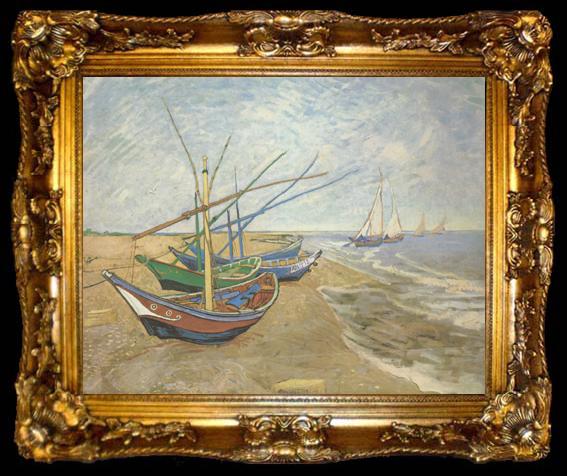framed  Vincent Van Gogh Fishing Boats on the Beach at Saintes-Maries (nn04), ta009-2