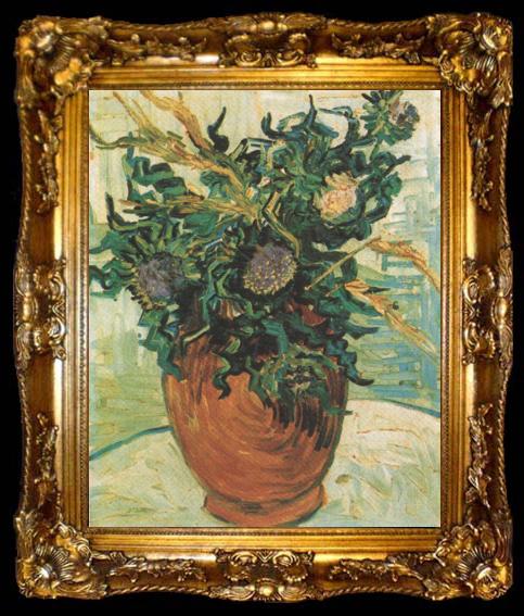 framed  Vincent Van Gogh Still life:Vase with Flower and Thistles (nn04), ta009-2