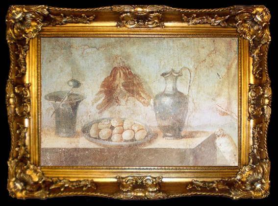 framed  unknow artist Still life wall Painting from the House of Julia Felix Pompeii thrusches eggs and domestic utensils, ta009-2