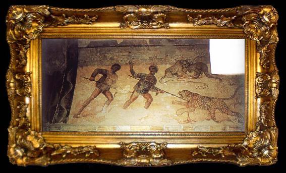 framed  unknow artist Fresco in the main hall of the Hunting Baths at Lepcis Magna, ta009-2