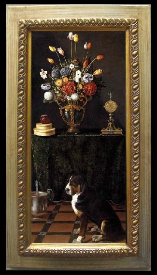 HAMEN, Juan van der Still Life with Flowers and a Dog