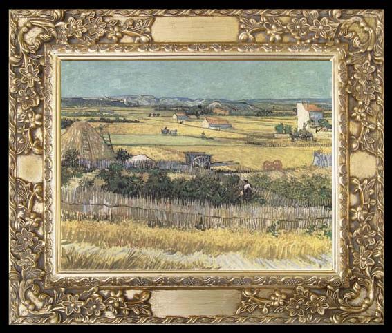framed  Vincent Van Gogh Harvest at La Crau,with Montmajour in the Background (Blue Cart) (mk09), TA217