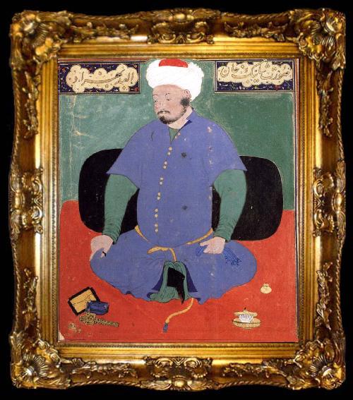 framed  Bihzad Portrait of the Uzbek emir Shaybani Khan,seen here wearing a Sunni turban, ta009-2