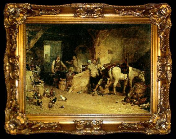 framed  J.M.W.Turner a country blacksmith disputing upon the price of i ron and the price charged to the butcher for shoeing his poney, ta009-2