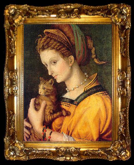 framed  BACCHIACCA Portrait de jeune femme tenant un chat, ta009-2