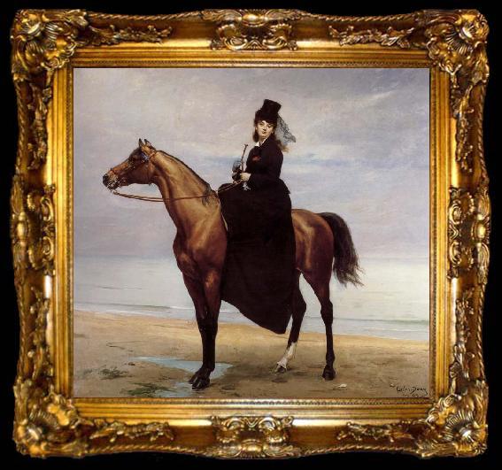 framed  Carolus-Duran Au bord de la mer,Mademoiselle Croisette a cheval, ta009-2